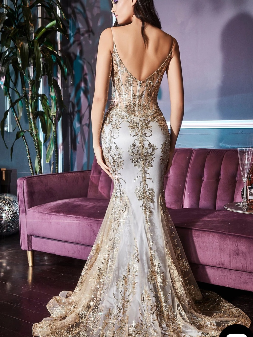 Gold Lace Mermaid Prom Dress with Sheer Back